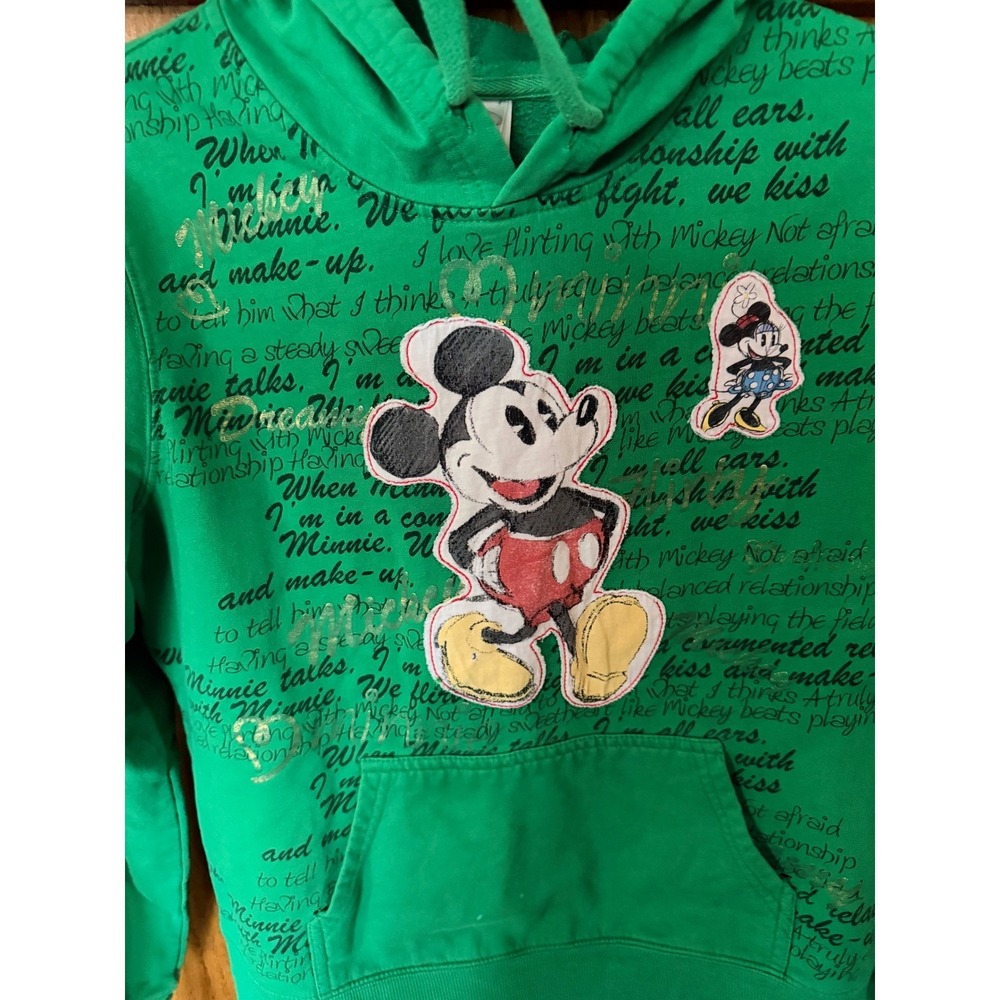 Disney Mickey Minnie Mouse Green Graphic Hoodie Kids XL Script All Over Print - Picture 3 of 5